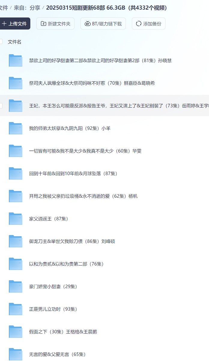 【短剧】20250315短剧更新68部 66.3GB（共4332个视频）